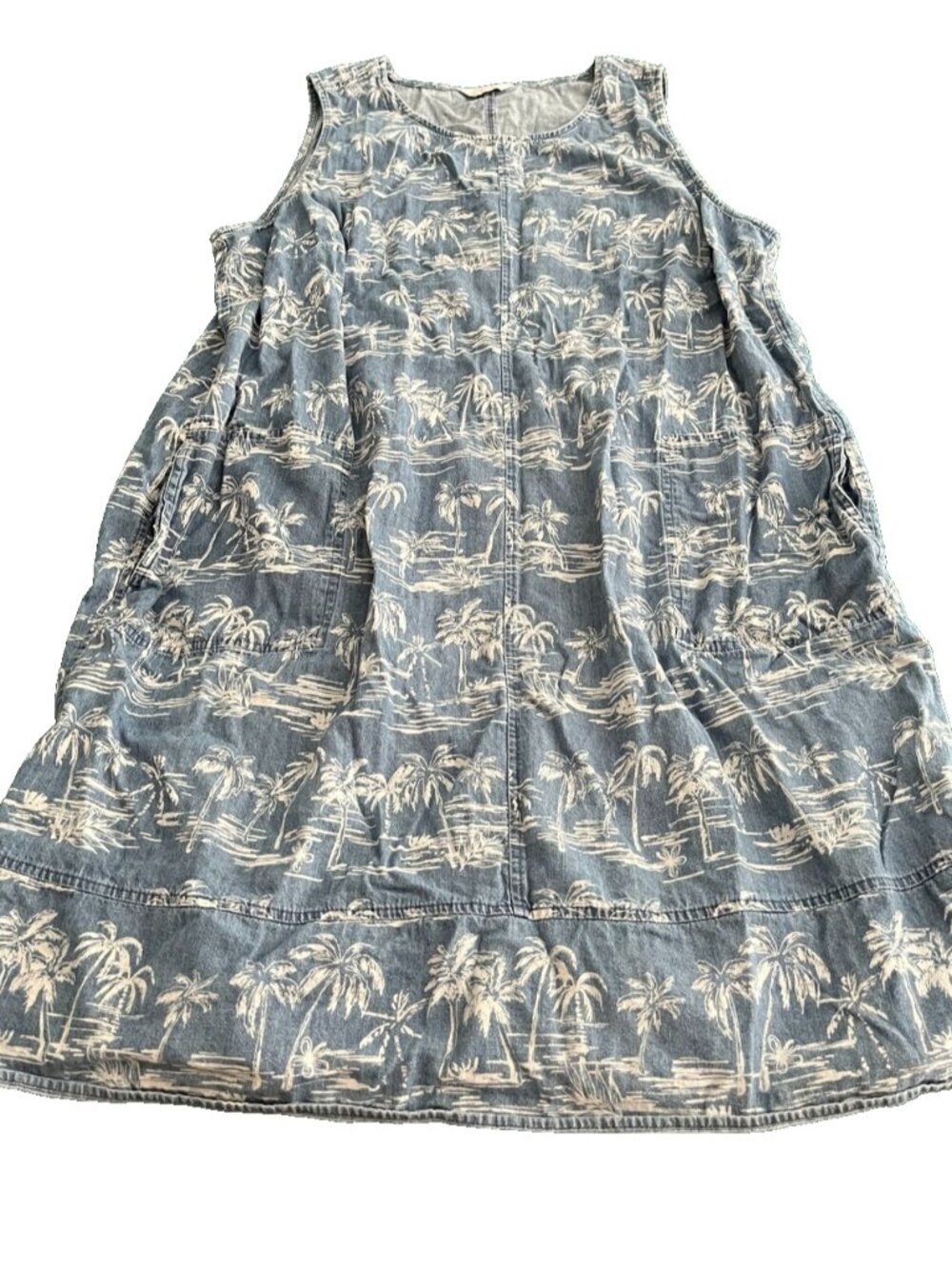 CJ Banks Womens 2X Tropical Palm Tree Print Denim Vacation Sleeveless Sun Dress
